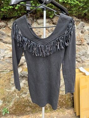 Vintage Black Fringe  Long Sleeve Dress